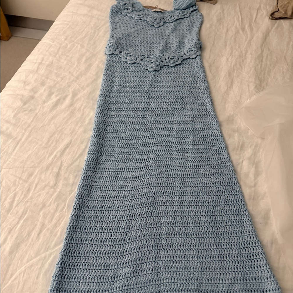 Meshki Teagan Floral Hand Crochet Midi Dress - Blue XS - Picture 6 of 7